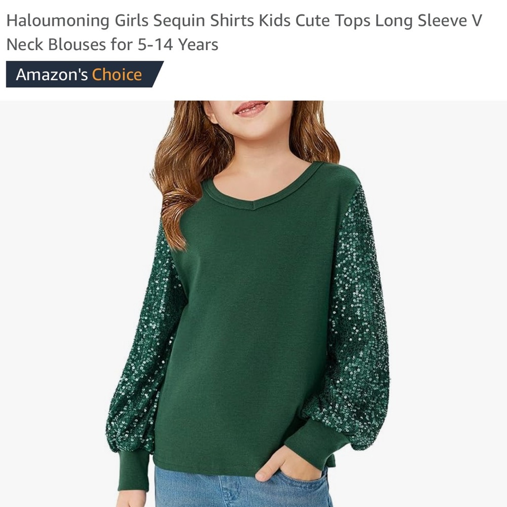 Girls long sleeve green blouse with sequin sleeves